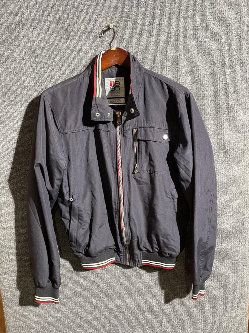 Sonny Bono Jacket Mens Medium Blue Bomber 1995 Striped Trim Zip Pockets